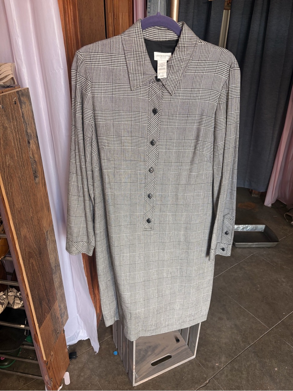 Liz Claiborne Gray Plaid Long Sleeve Shirt Dress